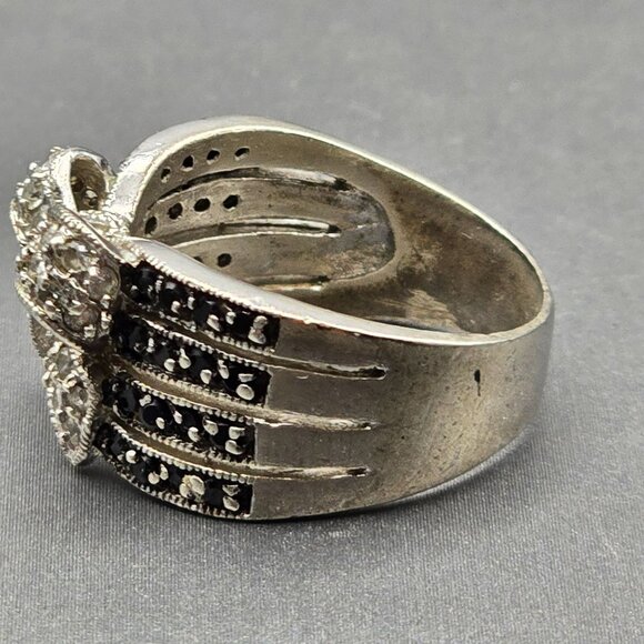 VTG Sterling Silver Marcasite & Clear Gemstone Bow Ring Size 9 Wide Band 8.03g - Picture 2 of 9